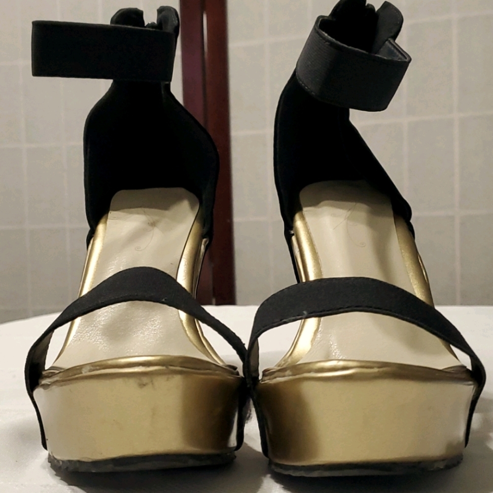 Black velvet and Gold Vinyl 5" Open Toe Wedge Heal